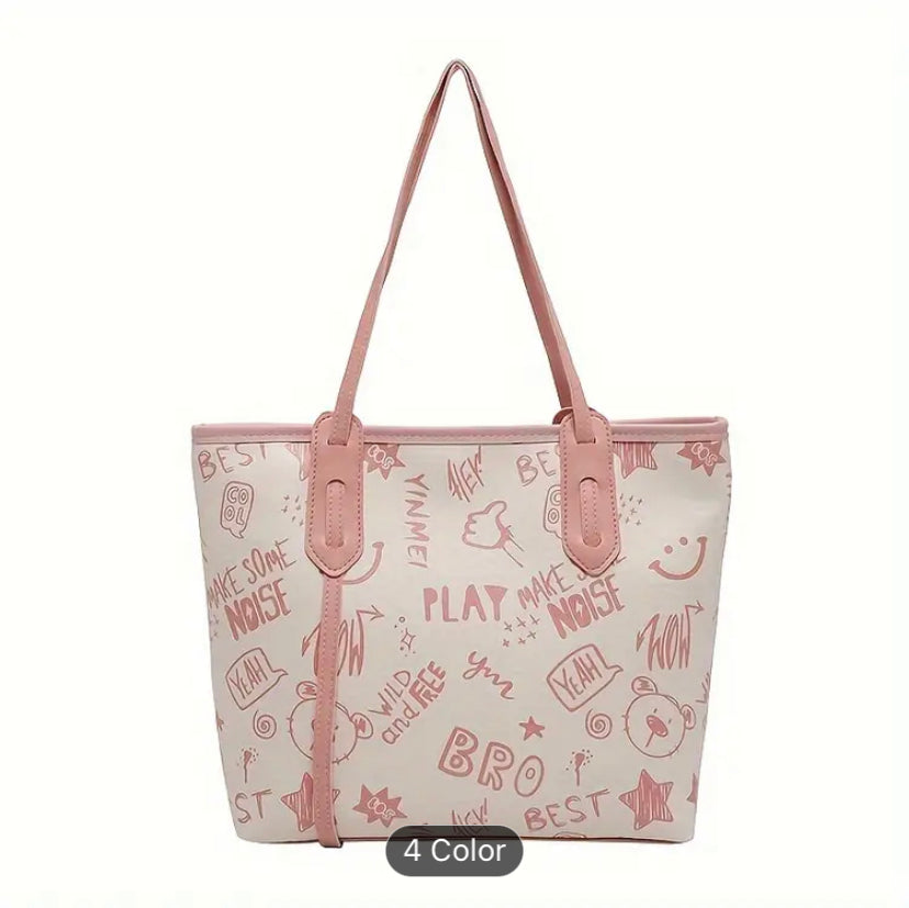 Cartoon Letter Graffiti Tote Bag, Fashion Shoulder Bag