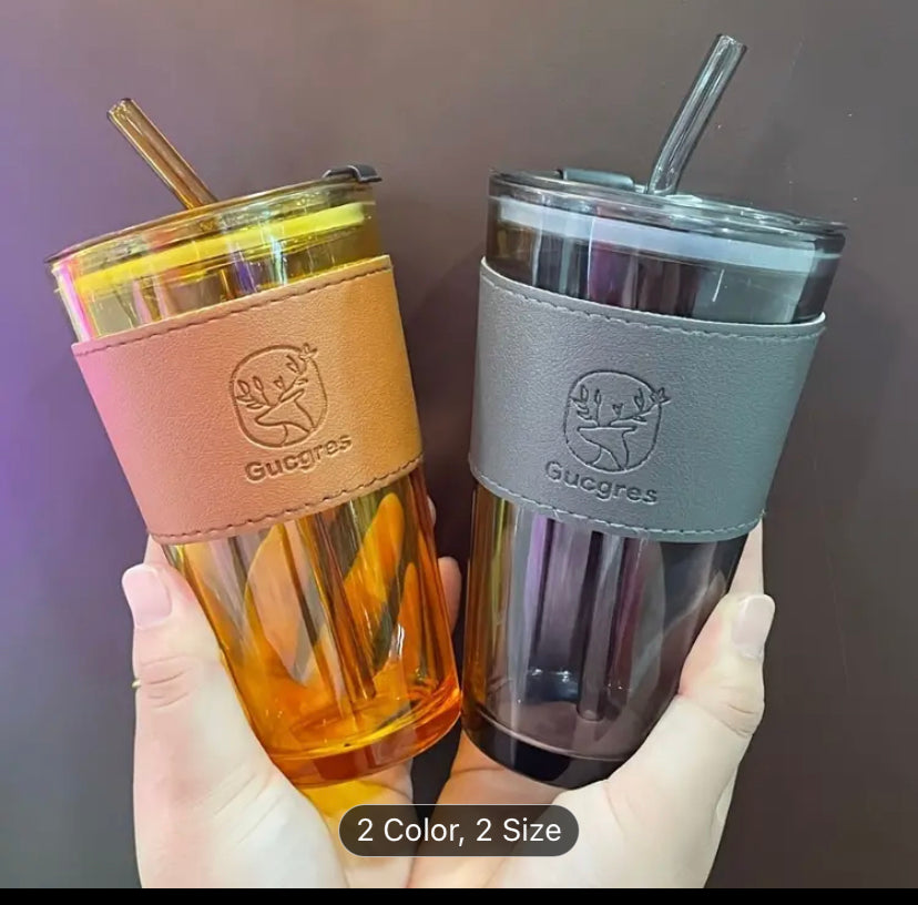 Chic Bamboo-Inspired Glass Coffee Mug with Straw