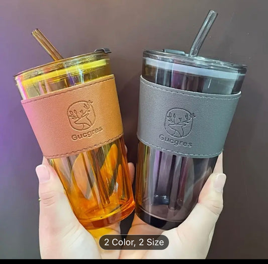 Chic Bamboo-Inspired Glass Coffee Mug with Straw